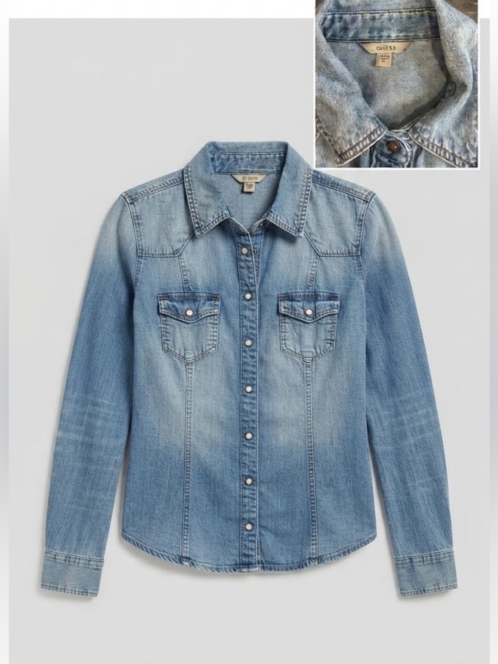 GUESS Light Wash Western Denim Snap Shirt XS Coastal Cowgirl Long Sleeve⁠